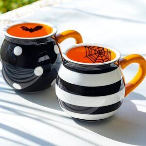 Terramoto Ceramic Halloween Coffee Mugs Set of 2 Spider Web & Bat Stripe dots